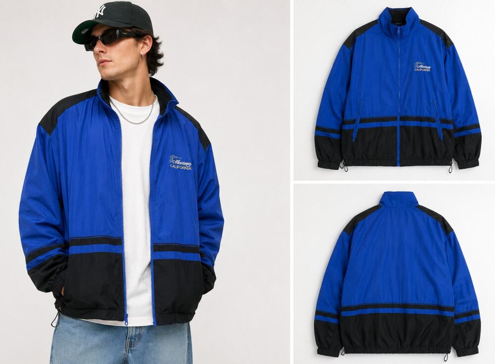 Vintage Monterey CA Windbreaker Jacket Men's Large Blue Full Zip Streetwear